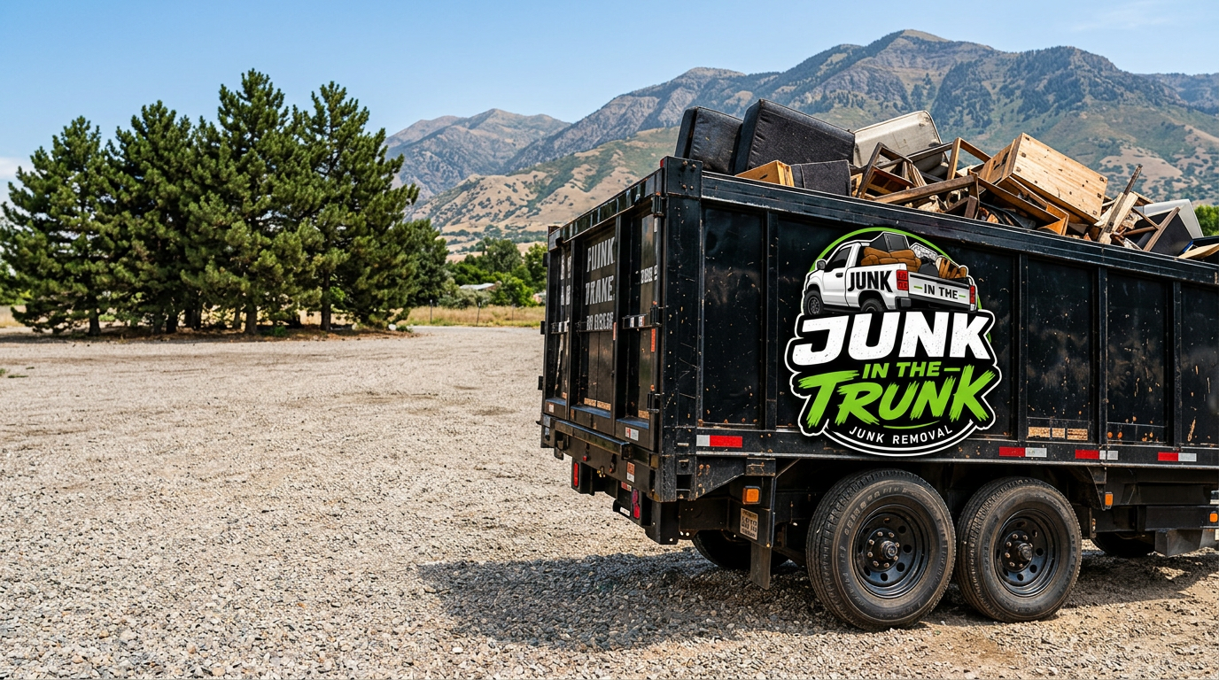 Black Junk in the Trunk dump trailer loaded with furniture and wood in a Utah mountain setting